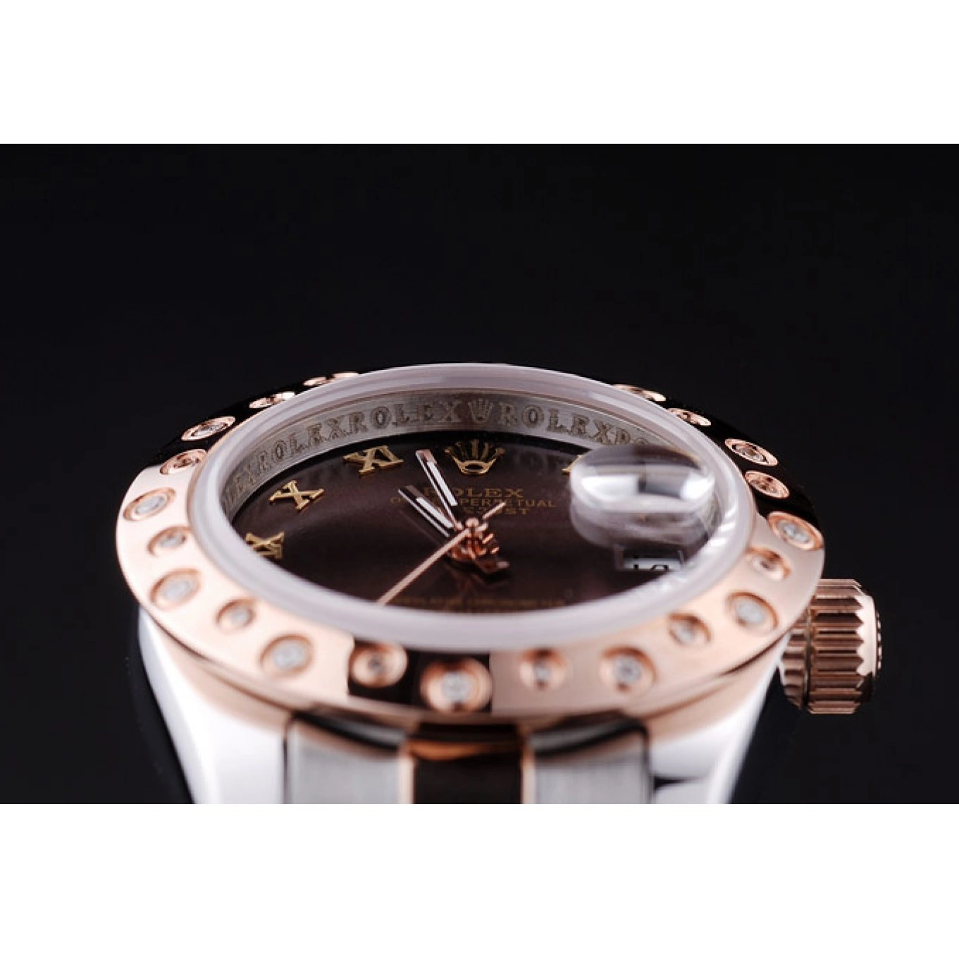AAA replica watch Rolex Polished Diamonds Bezel 7475 Brown Datejust Gold Dial Rose 0712